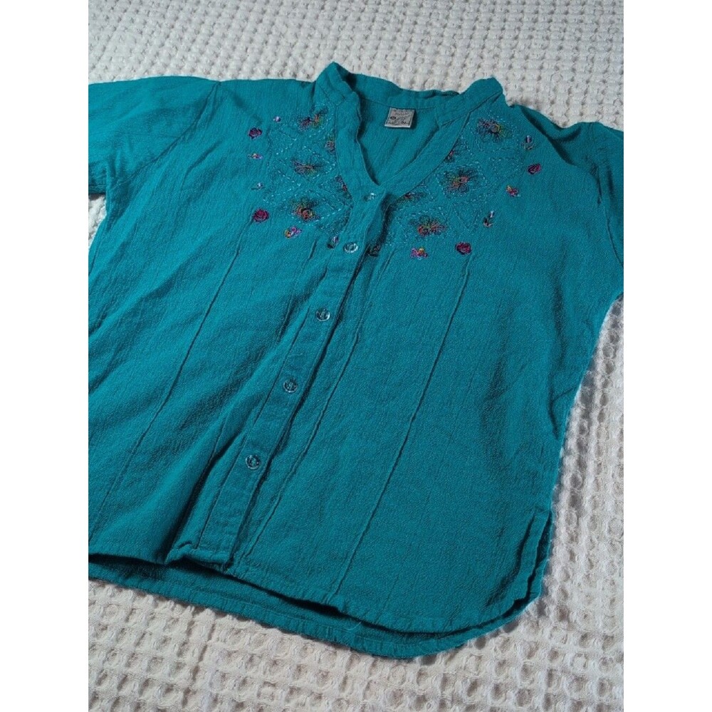 100% Cotton Embroidered V-Neck Button-Front Women's Shirt - Teal Size M - Picture 6 of 10